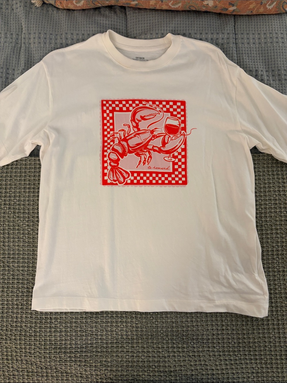 White Graphic Tee with Red Lobster Print